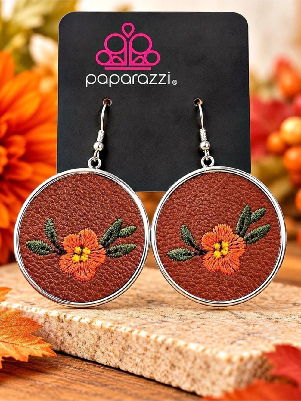 Paparazzi Embroidered Gardens - Multi Earrings Brown & Orange NWT